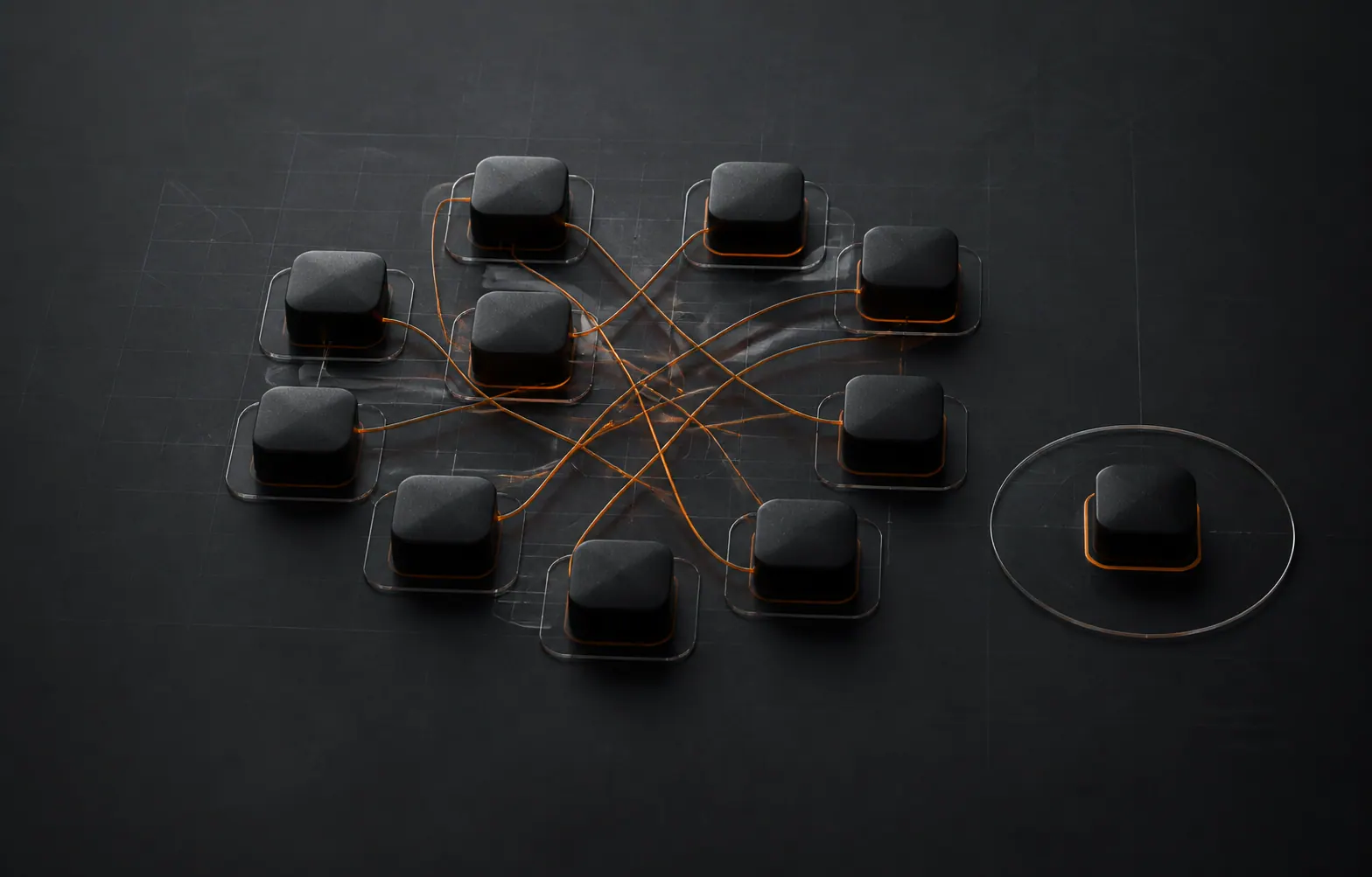 Twelve dark service modules with tangled orange connections and one clearly bounded module